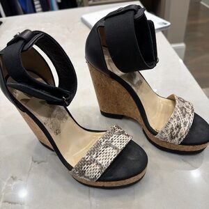 Jimmy Choo Black Cork Playtform Wedge Sandals with Snake-Print Strap size 37